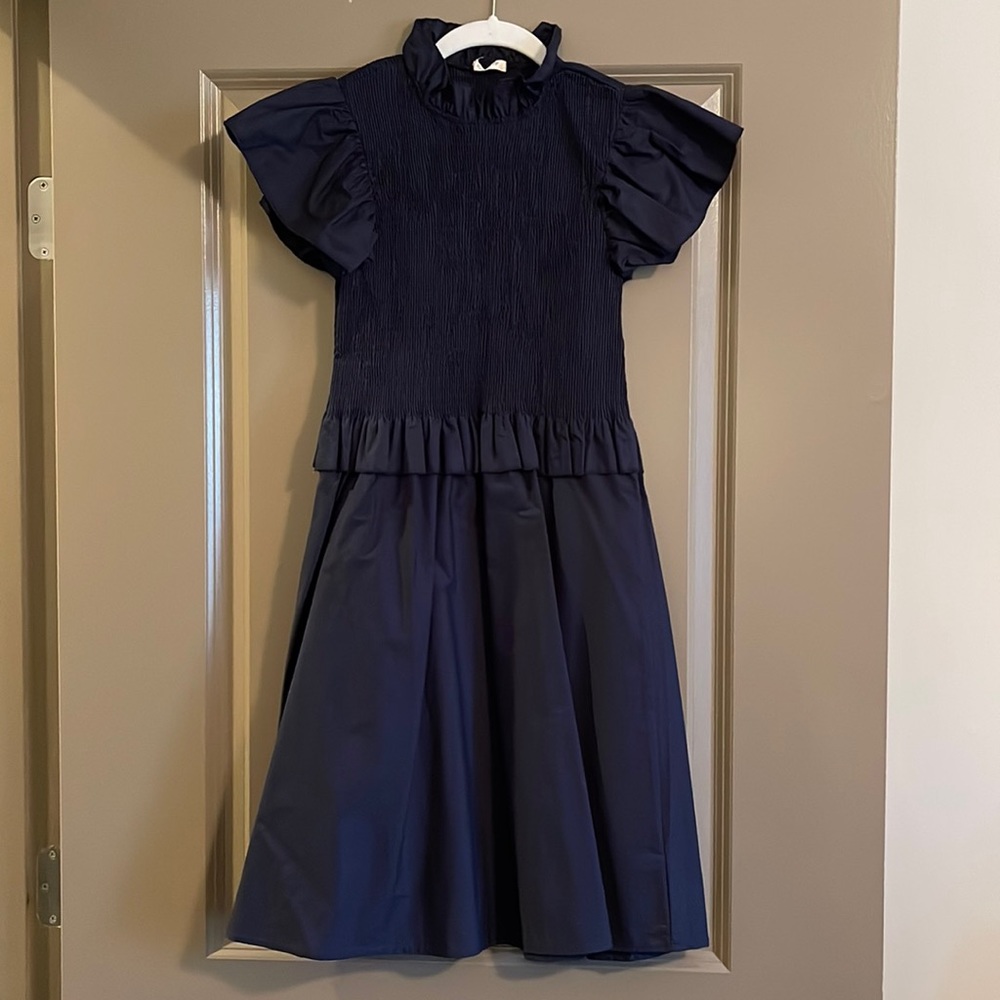 NWOT Sunday Up Smocked Navy Blue Ruffle Sleeved Dress